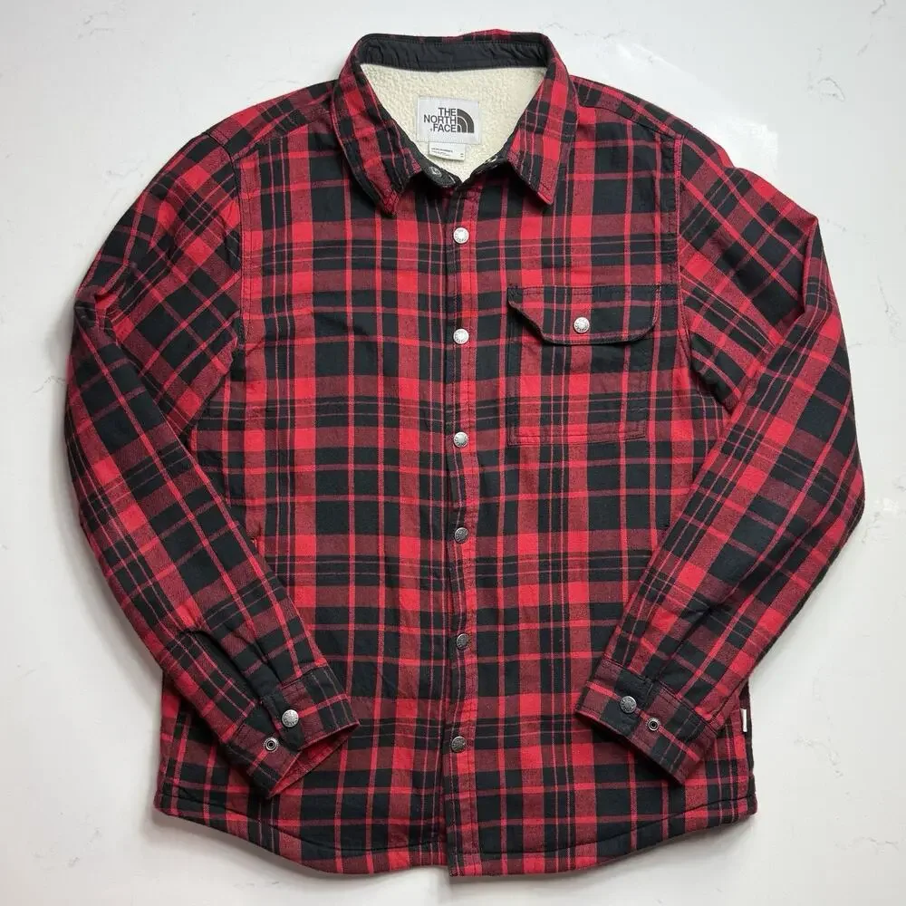 The North Face Shirt Jacket Mens Medium Red Black Plaid Sherpa Flannel